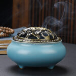 Copper Lid Ceramic Incense Burner Buddha with Antique Alloy Wire Incense Burner - Image 7